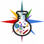 Logo of a colorful spark behind a beaker filled with early learning icons