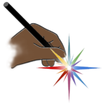 An icon featuring a hand writing. There is a colorful spark coming from the end of the pen.