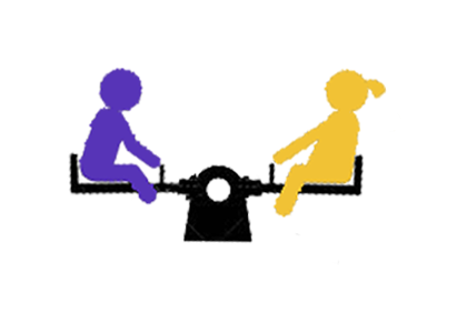 An icon of two children on a seesaw equally poised, one child is purple and the other is yellow with a ponytail